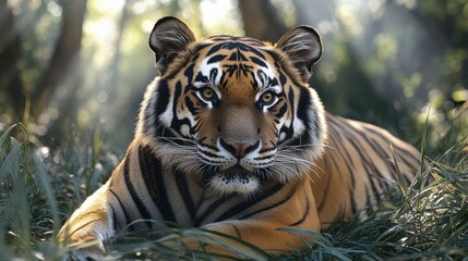 Fototapeta premium A Bengal tiger resting in grass.