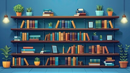 A colorful bookshelf filled with books and plants, creating a cozy reading environment.