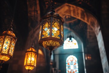 Ornate Ramadan lanterns gently illuminating a tranquil space with intricate designs and vibrant colors during the holy month