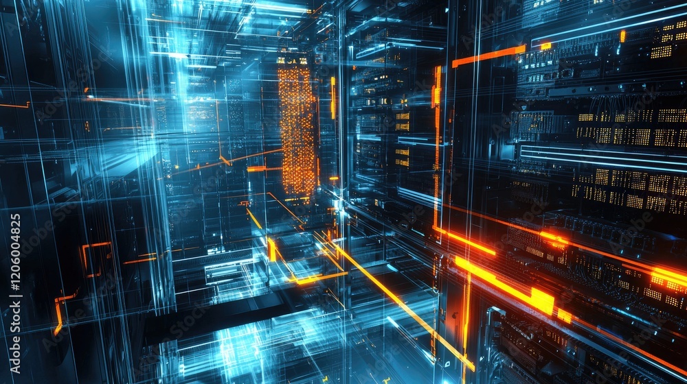 Poster high-resolution image showcasing the network setup of a data center, with highlighted cables and ser