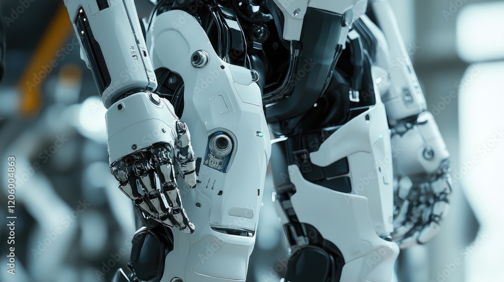 Fototapete Close view of a robotic exoskeleton designed to enhance human strength with its ergonomic build and powerful actuators.