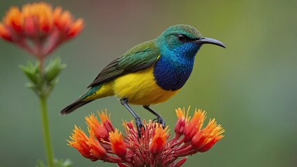 Obraz premium Yellow-chested, blue-headed sunbird, perched on red flower