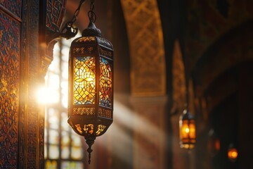 Ornate fanous glowing softly in a dimly lit space, creating a spiritual atmosphere filled with vibrant stained glass patterns