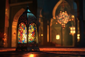 Ornate Ramadan lanterns emanate warmth and guidance in a traditional space, showcasing intricate designs and vibrant colors that enhance the spiritual atmosphere