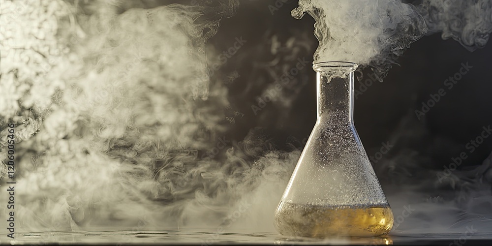 Poster an exothermic reaction in a flask, with heat waves distorting the air and steam rising from the solution.