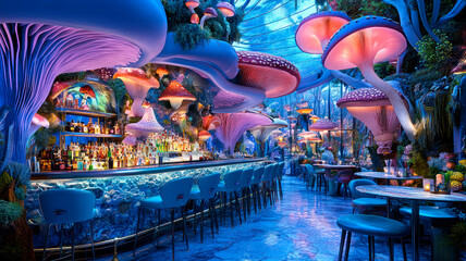 Mushroom themed, futuristic psychedelic trippy bar