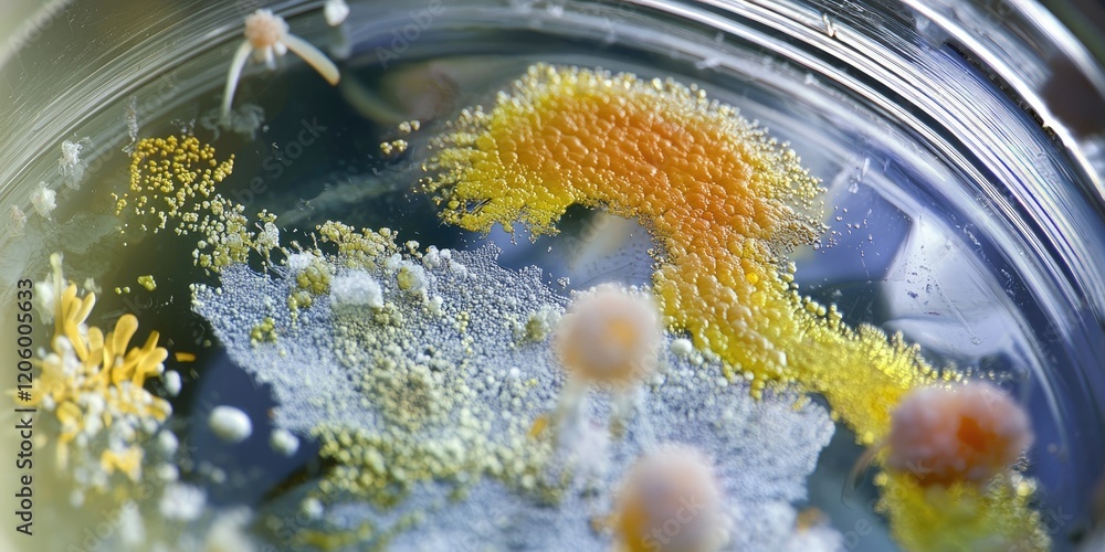 Poster an experiment in a petri dish under a microscope, focusing on detailed cellular processes and lab tools.
