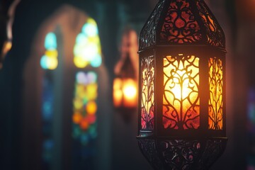 Ornate Ramadan lanterns illuminating a tranquil space with vibrant stained glass and intricate metalwork, creating a peaceful atmosphere of guidance and spirituality