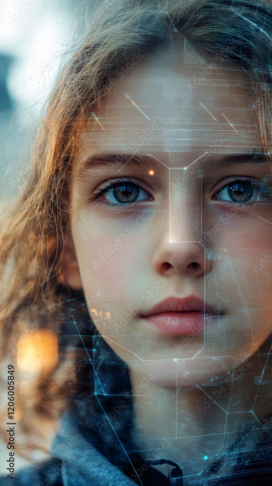 Fototapete facial recognition technology analyzing young woman's biometric data through ai deep learning system