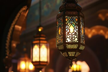 Ornate Ramadan lanterns illuminate a sacred space with intricate designs and warm colors, creating a traditional and spiritual atmosphere for reflection
