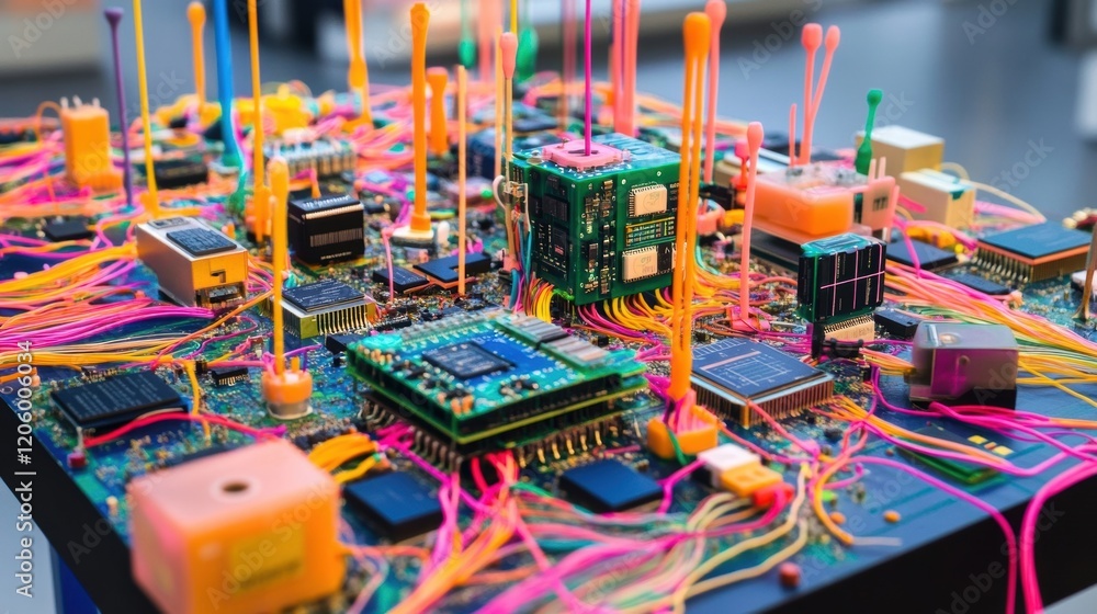 Poster colorful wires connecting various electronic components and chips on a circuit board, creating a vis
