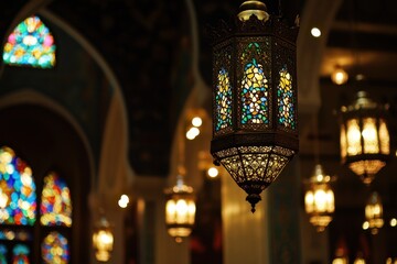 Ornate Ramadan lanterns glowing softly in a dimly lit space, enhancing the spiritual ambiance of a traditional setting