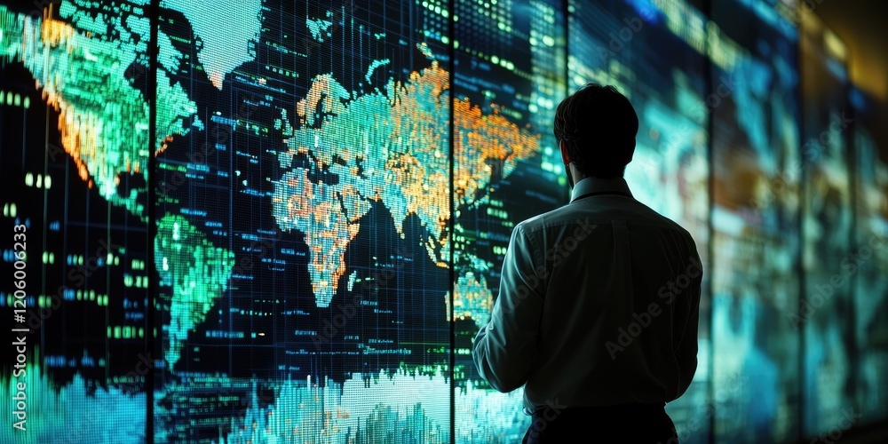 Poster financial analyst examining international market data on an interactive, comprehensive digital platf