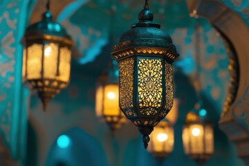 Intricate Arabic calligraphy artwork conveying Ramadan wishes illuminated by lanterns and crescent moons in gold and teal tones