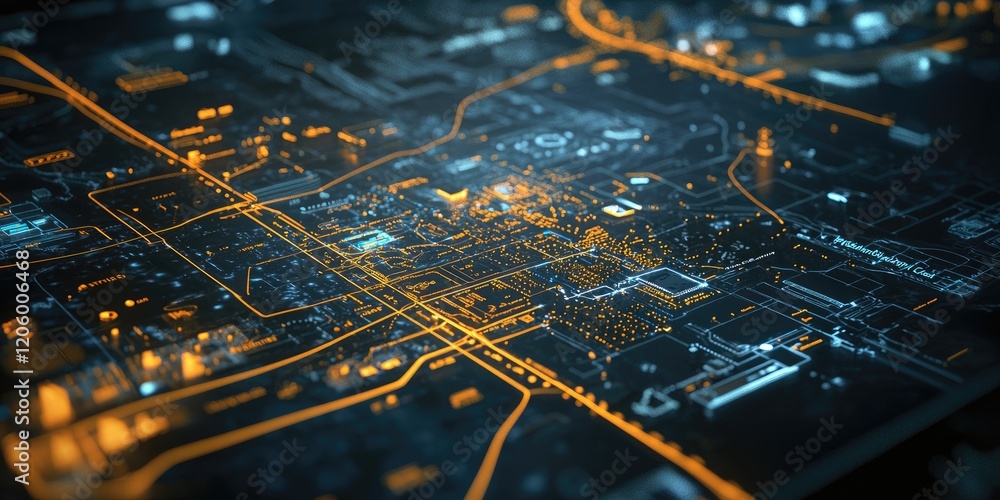Poster Futuristic interface for urban innovation, featuring responsive digital controls, smart city mapping tools, and real-time infrastructure data.
