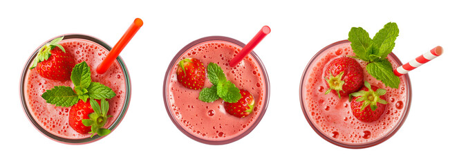 Top view of strawberry smoothie with mint leaf isolated on white or transparent background, cutout PNG