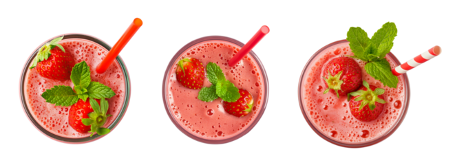 Top view of strawberry smoothie with mint leaf isolated on white or transparent background, cutout PNG