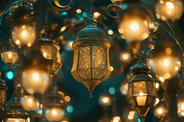 Intricate Arabic calligraphy wishing Ramadan Kareem surrounded by illuminated lanterns and crescent moons in gold and teal hues to enhance the celebration