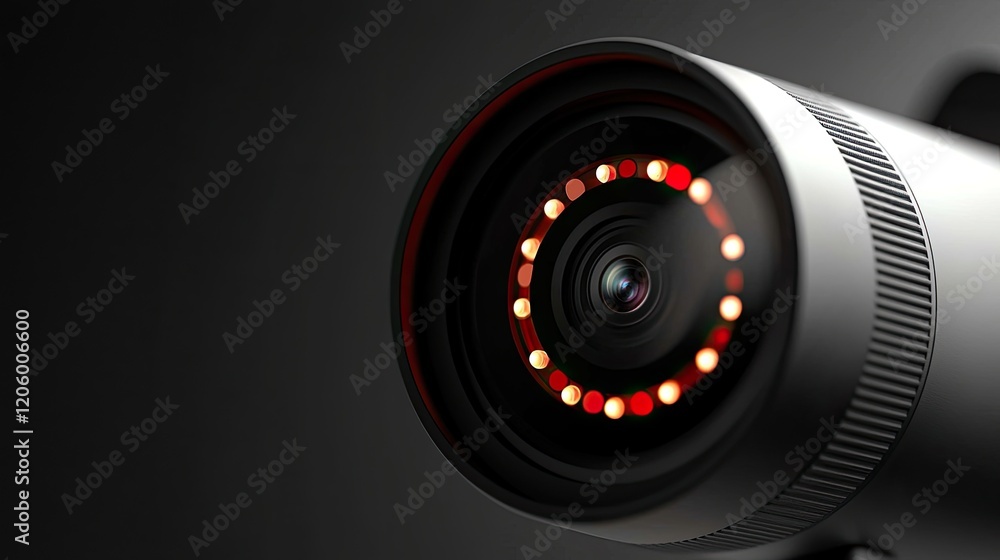 Poster macro shot of a smart security camera lens showcasing motion detection and night vision technology f
