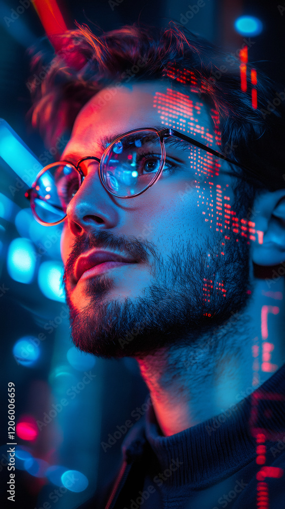 Aufkleber Close-up portrait of a software developer wearing glasses, with code projected on his face and illuminated by neon lights