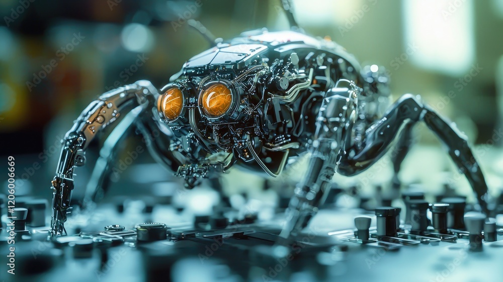 Poster Detailed macro image of a micro-robot featuring an intricate design that highlights advanced miniaturization technology.