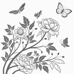 A detailed, monochromatic floral pattern with peonies, birds, and butterflies 