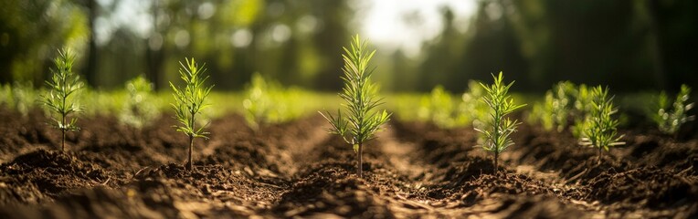 Rows of young evergreen seedlings planted in fertile soil, symbolizing reforestation efforts and environmental conservation, ideal for sustainability projects and educational campaigns.