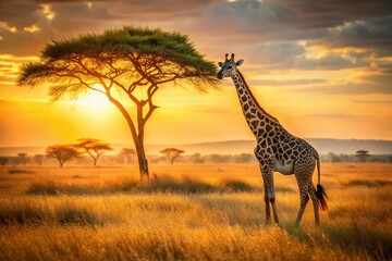 Obraz premium Graceful Giraffe in Golden African Savanna: Wildlife Beauty Stock Photo