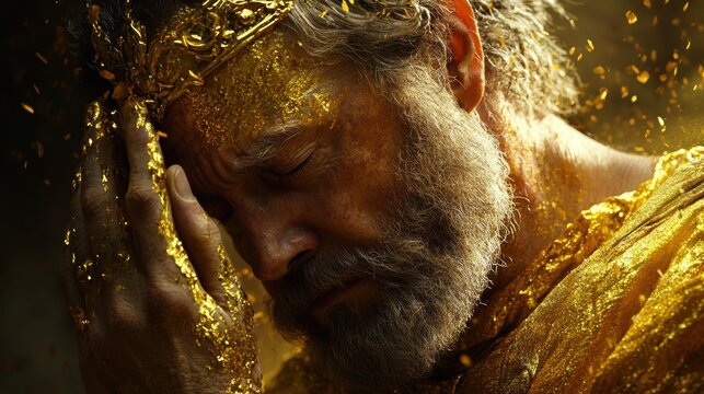 Golden Midas King with Crown in Emotional Expression and Rich Atmosphere
