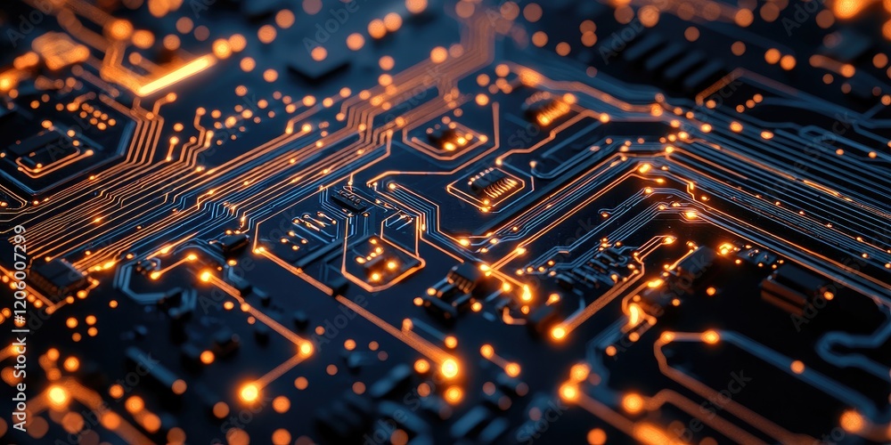Poster a detailed circuit board layout featuring sharp lines and bright copper traces, ideal for high-tech,
