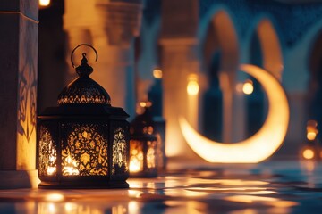 Warm glow of lanterns and crescent moon in an ornate courtyard at twilight illuminating a tranquil setting