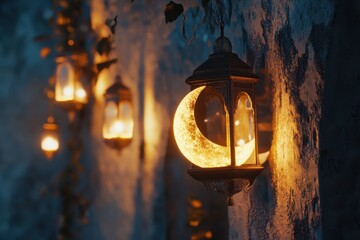 Lanterns illuminating a serene pathway during twilight in a quaint garden setting