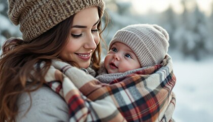 Obraz premium A woman holding a baby, both wearing hats and bundled in a warm blanket in a snowy setting