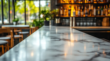 Obraz premium Empty light colored marble bar counter, side view