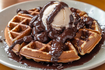 Warm waffle topped with rich chocolate sauce and a scoop of vanilla ice cream served at a brunch spot