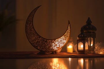 Decorative lanterns and illuminated crescent moon ornament create a serene atmosphere for evening relaxation during a cultural celebration