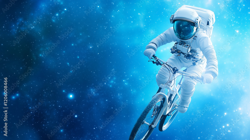 Poster astronaut riding a bicycle in outer space