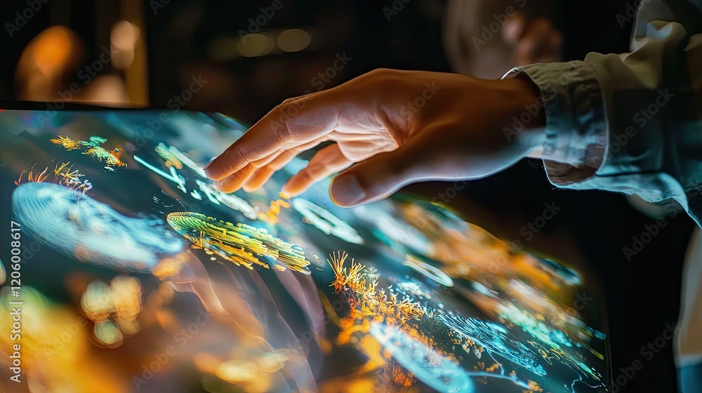 Poster A close-up of an AR touchscreen where a user s hand interacts with floating digital objects, creating a blend of physical and virtual experiences.