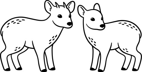 Male and female Pudu, small South American deer. Black and white line art. Cute cartoon drawing, vector illustration.