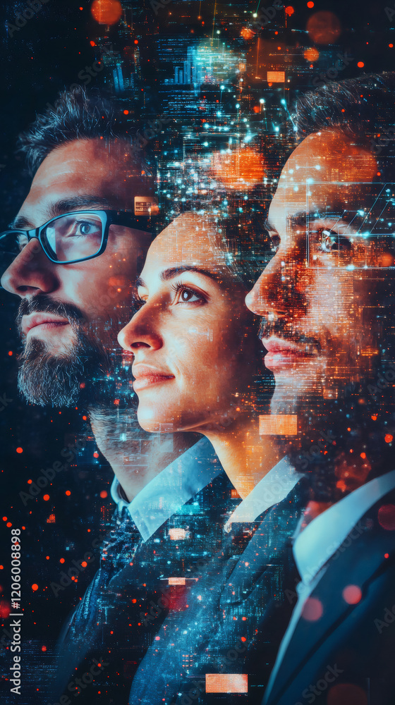 Poster Three businesspeople sharing vision for future, visualizing digital transformation with overlayed computer code, big data and network