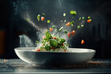 Vegetarian rice noodles with flying vegetables and steam cooking on dark background
