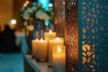 Softly glowing candles illuminate a serene space adorned with intricate Ramadan decor, creating a peaceful atmosphere of spiritual reflection