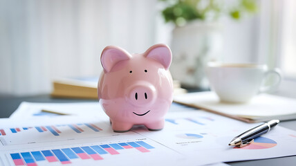 Financial savings concept, piggy bank on desk, saving money strategy, budget planning tools.