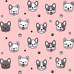 Cute cartoon French Bulldog faces  seamless pattern. Hand drawn Frenchie pups, paws, stars on pink background. Simple vector illustration.