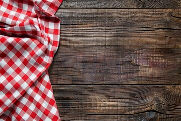 Cloth napkin at empty wooden background top view. Checkered red tablecloth placed on the side of old wood brown table surface. Copy space. Kitchen blank counter. Free space for product and information