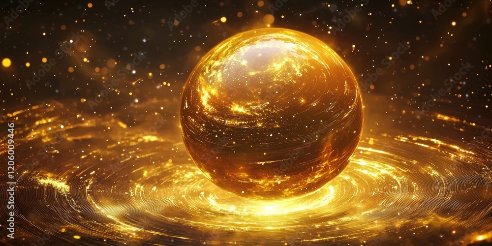 Poster a metallic sphere floating in space, encircled by holographic rings and glowing constellations, refl