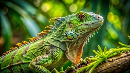 Fototapeta premium Green Iguana Perched on Branch, Tropical Reptile, Vivid Green Scales, Exotic Pet, Wildlife Photography