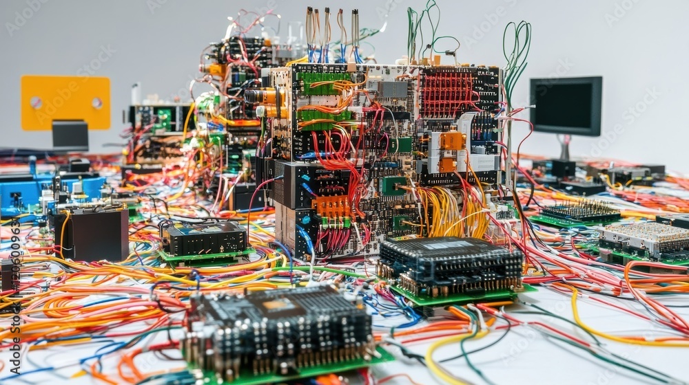 Poster electronic components, colorful wires, and circuits are interconnected on a table, creating a comple