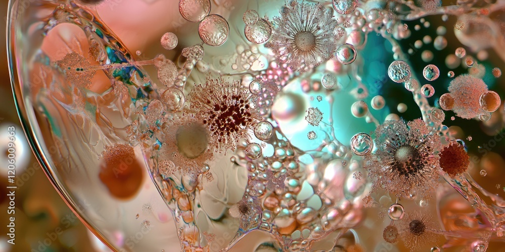Fototapete an experiment in a petri dish under a microscope, focusing on detailed cellular processes and lab to