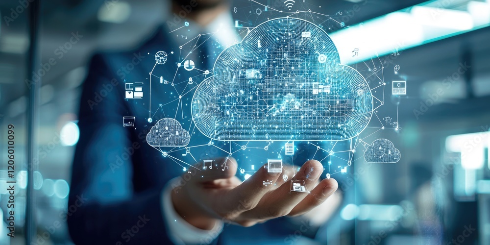 Poster business professionals in a modern office use digital solutions, such as cloud-based software and co